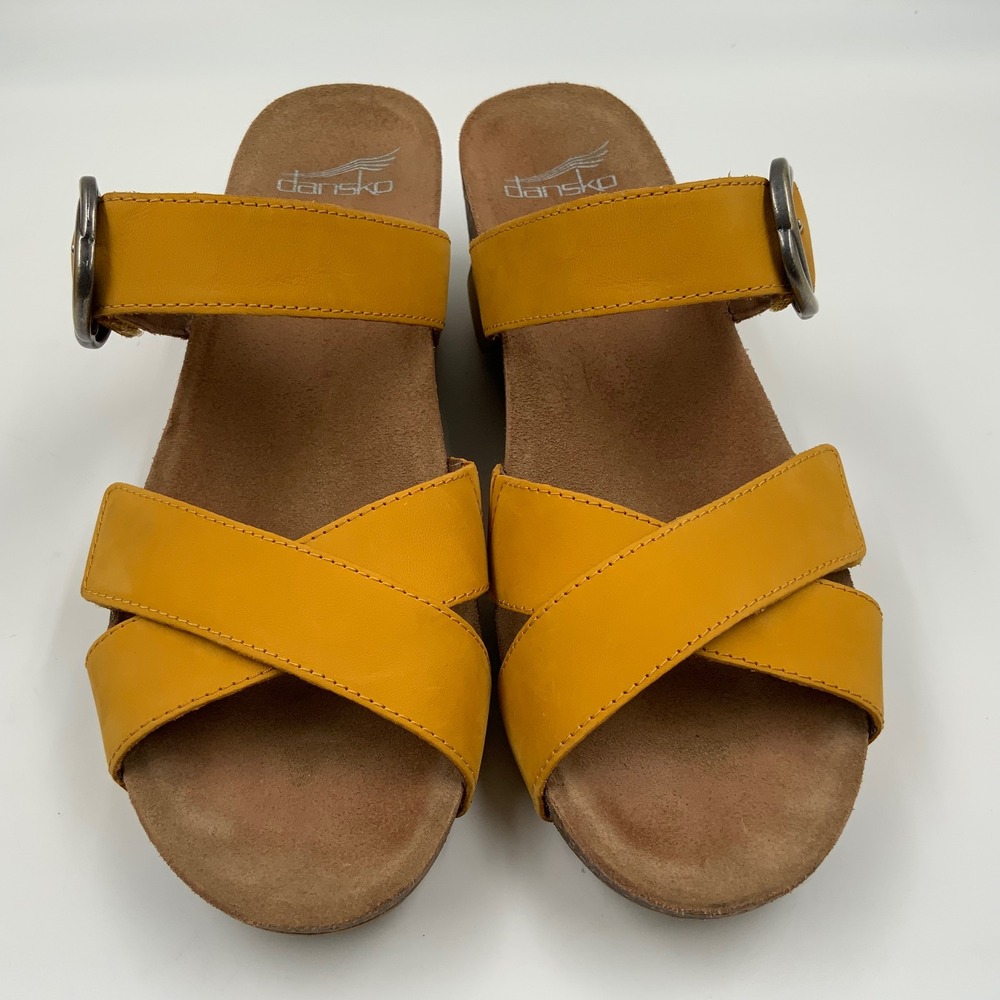 Dansko Tiffani Mustard Yellow Leather Wedge Sandals Buckle Slide 39 3420460300